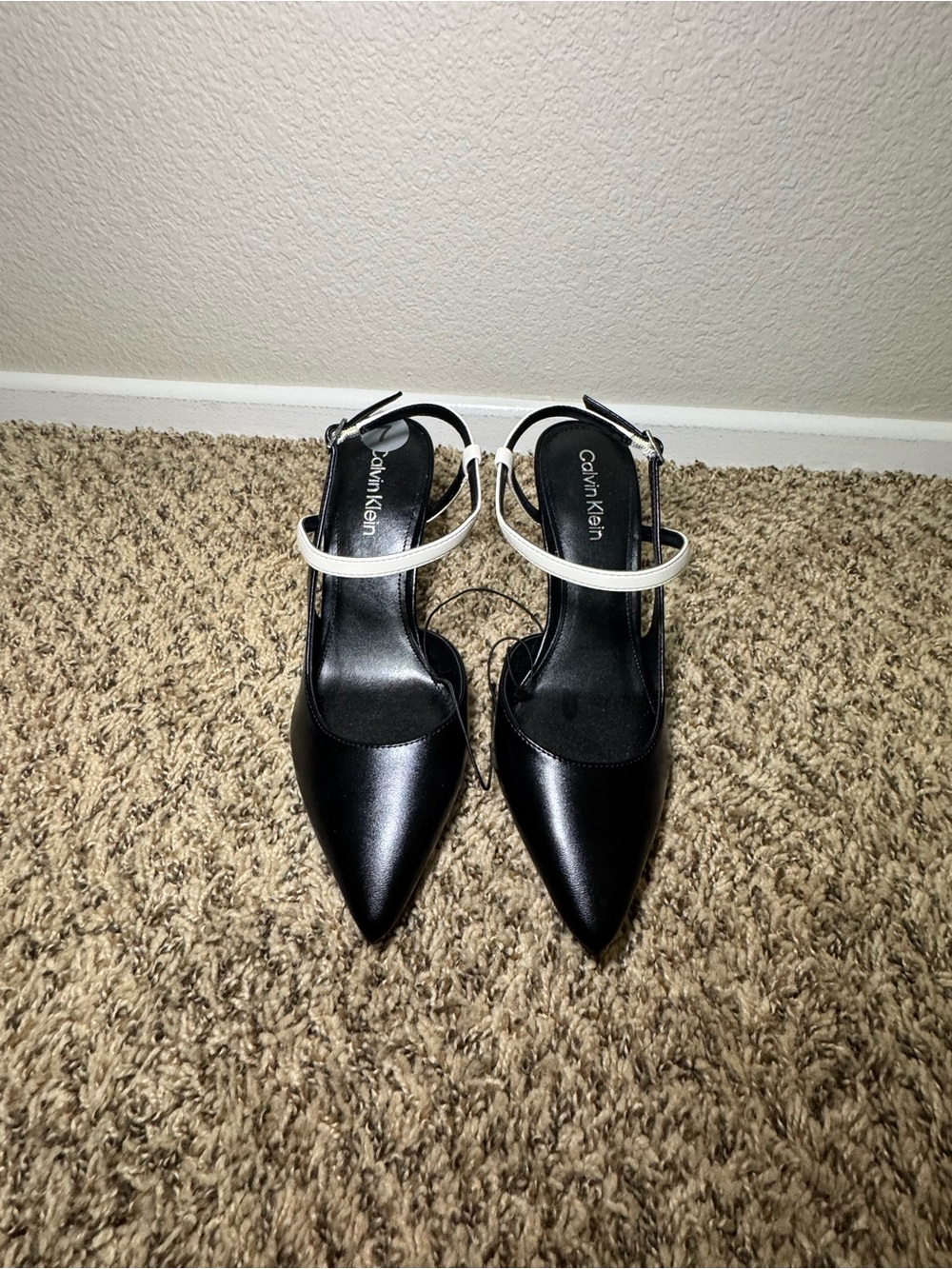 NWT Calvin Klein Black Pointed Slingback Pumps with White Ankle Strap